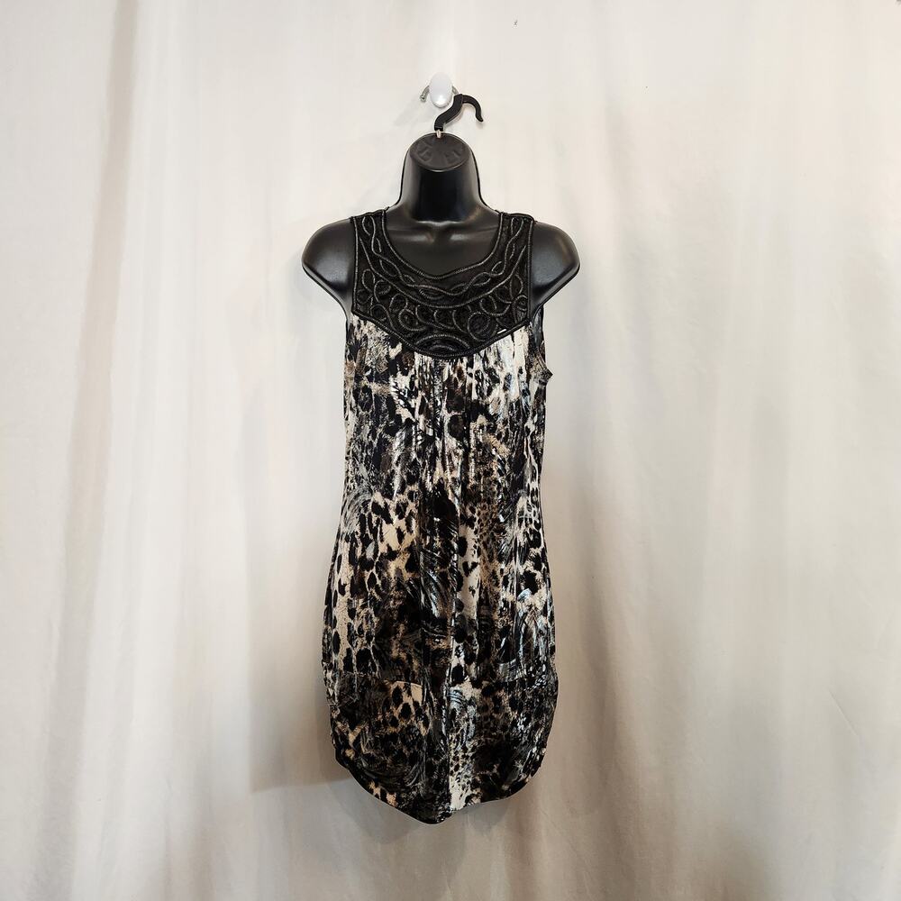 STUDIO‎ Y Black Silver Gray Metallic Animal Print Sleeveless Mini Cocktail Dress